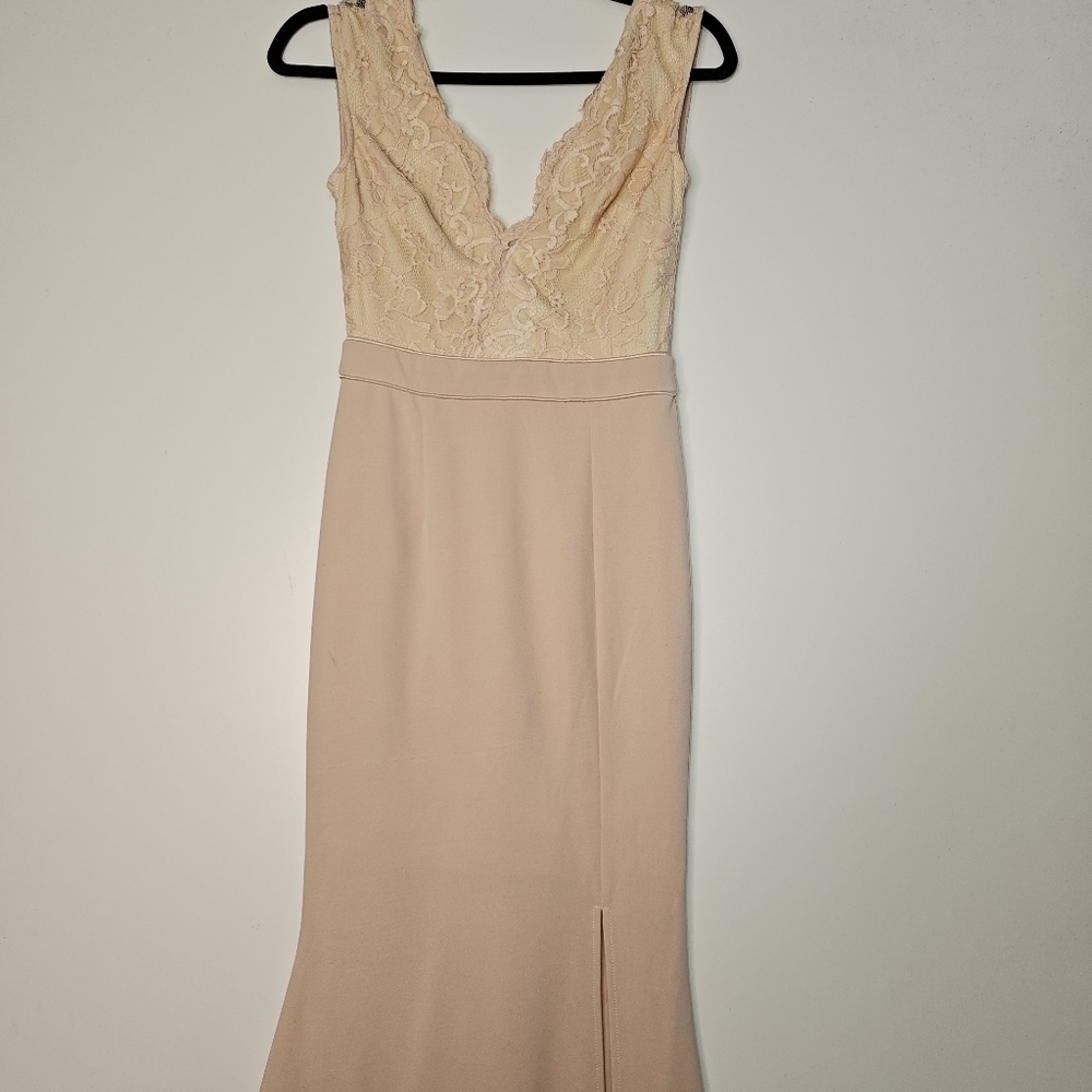 Maniju Blush Beige Scalloped V Neck Lace Sleeveless Top Side Slit Maxi Dress S - Picture 5 of 13